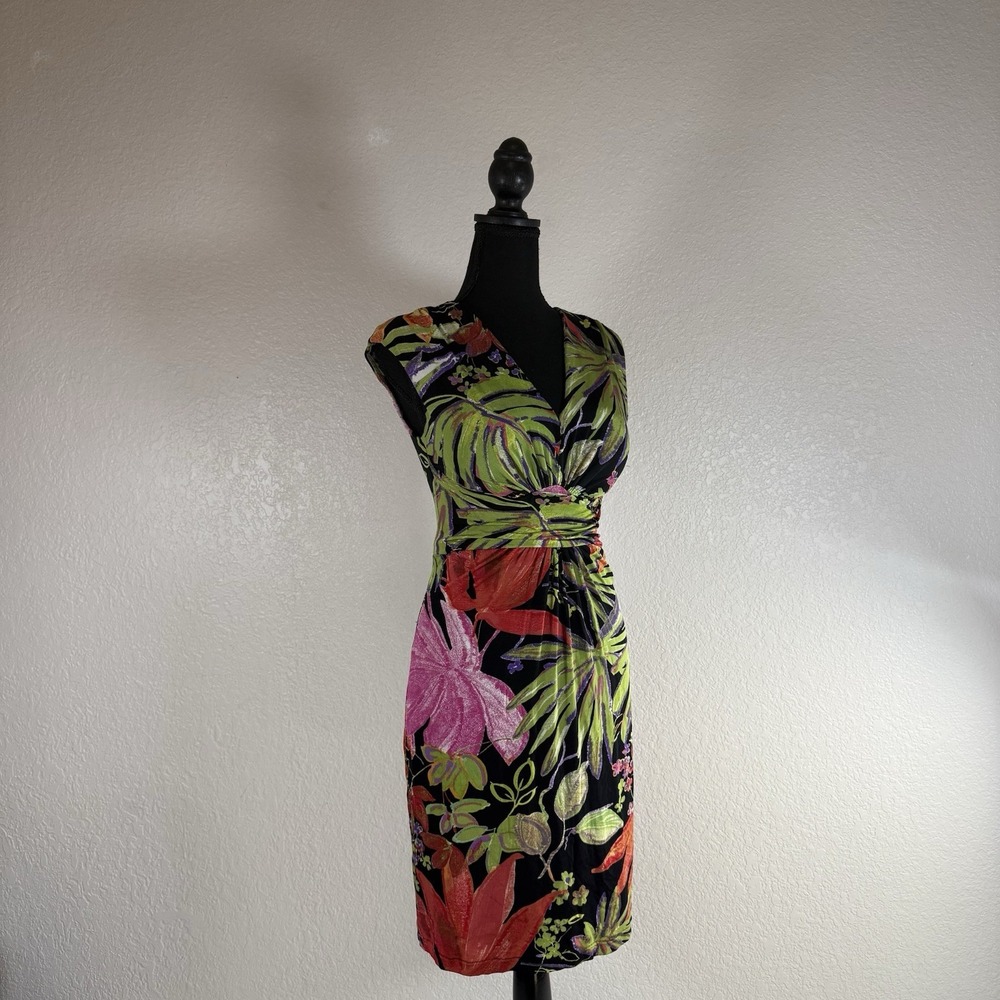 CACHE Floral V Neck Sheath Dress Vtg Y2K Casual Sz 6